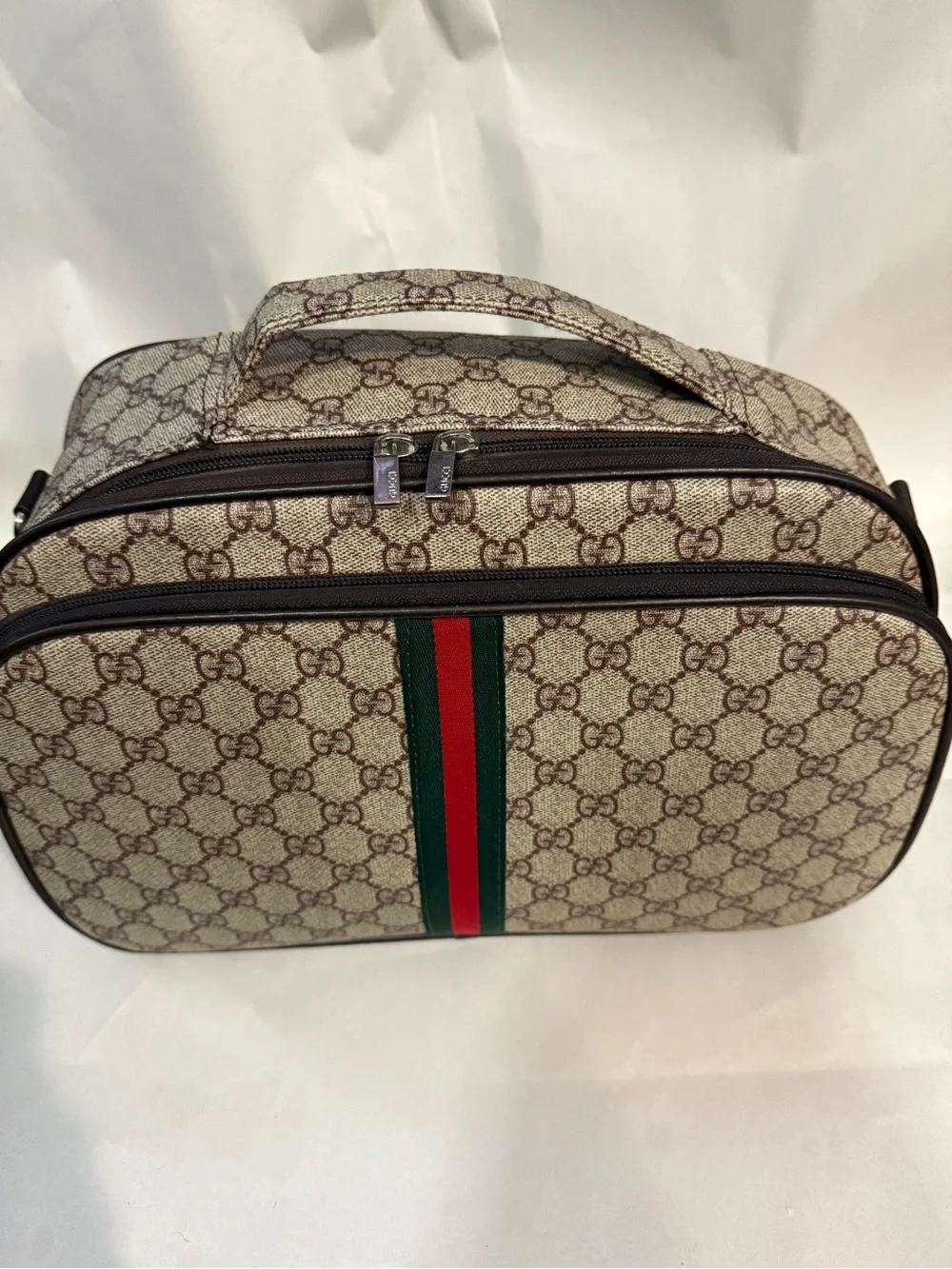 Vintage Gucci Web Striped Toiletry Bag Brown Trim Pre-owned